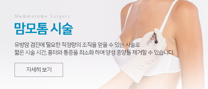 맘모톰시술 유방암 검진에 필요한 적정량의 조직을 얻을 수 있는 시술로 짧은 시술 시간, 흉터와 통증을
				최소화 하여 양성 종양을 제거할 수 있습니다.